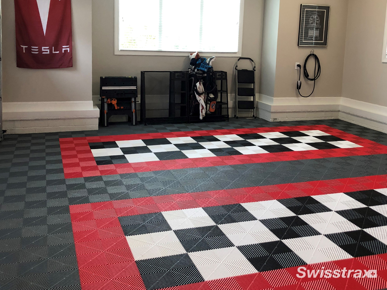 swisstrax floor with tesla flag